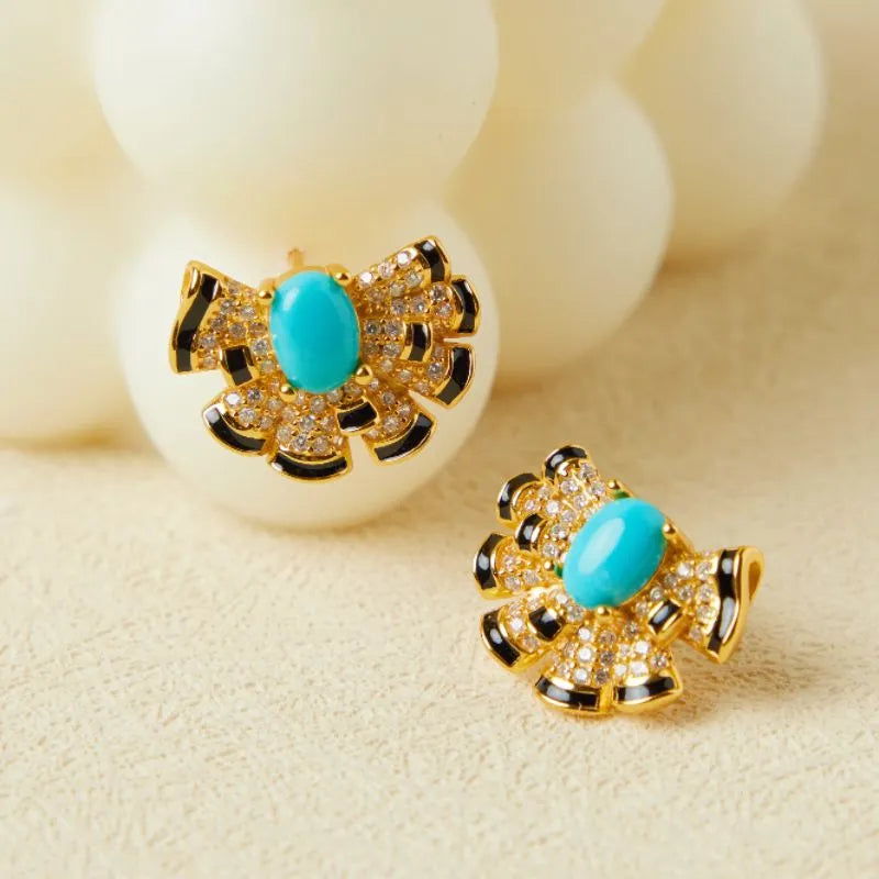 Boucles d'Oreilles Turquoise "Fleur Maritime" Argent Doré Or