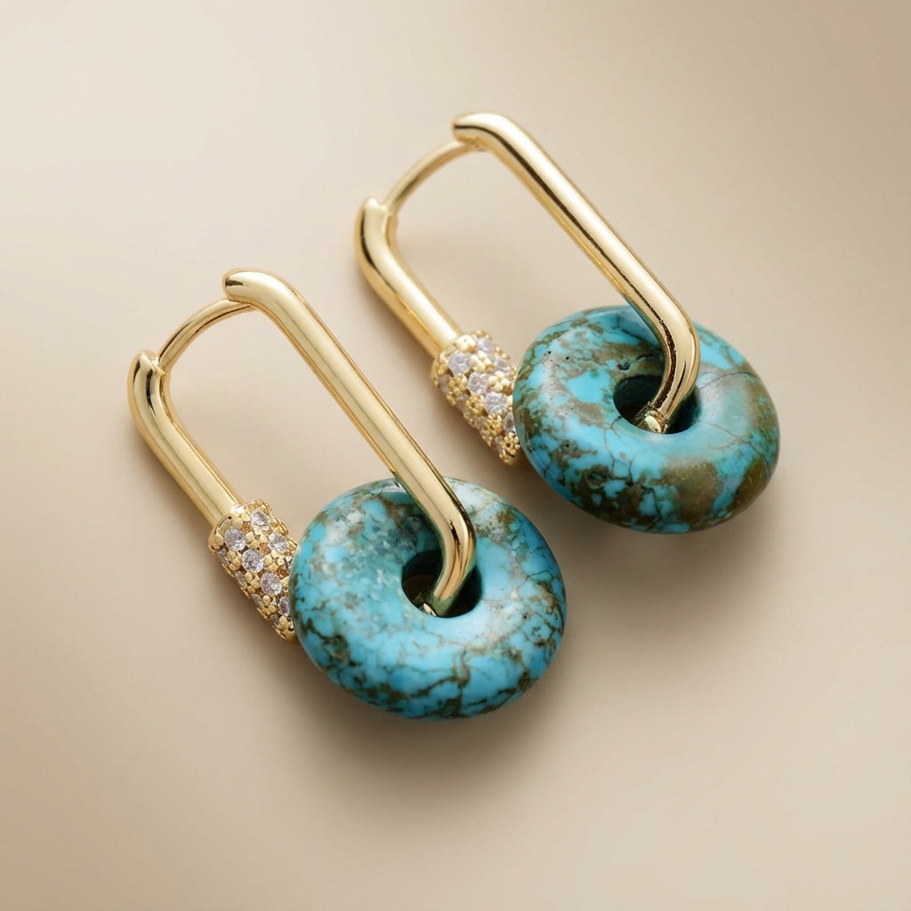 Boucles d'Oreilles Turquoise "Luxueuse" Argent Doré Or