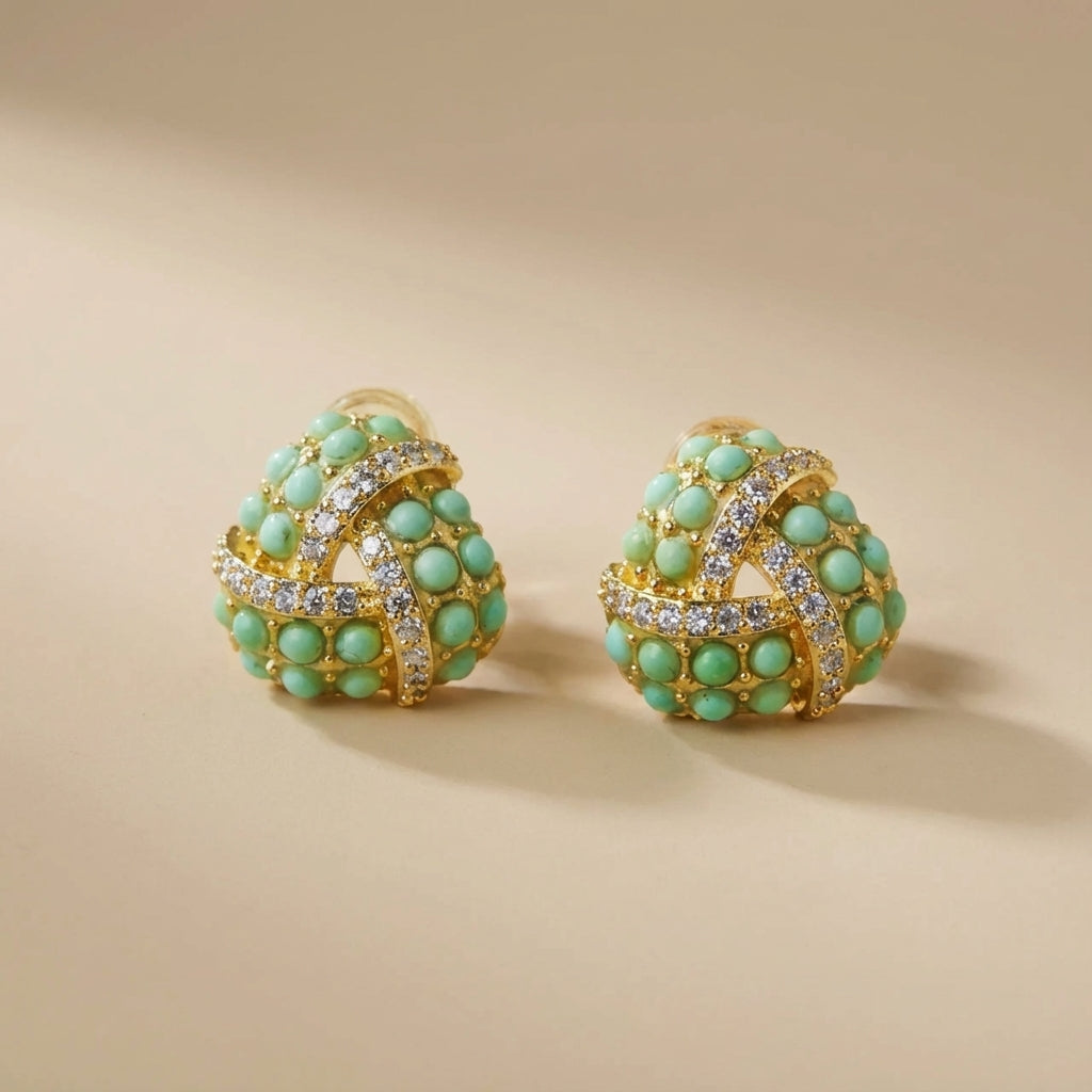 Boucles D'oreilles En Argent 925 Avec Or Et Pâte De Turquoise Triangles - Neuves Avec étiquettes