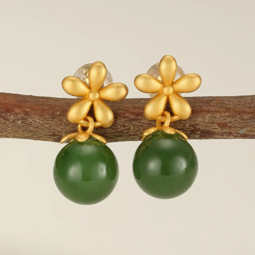 Jade Earrings “Floral Shine” Gold-Plated Silver