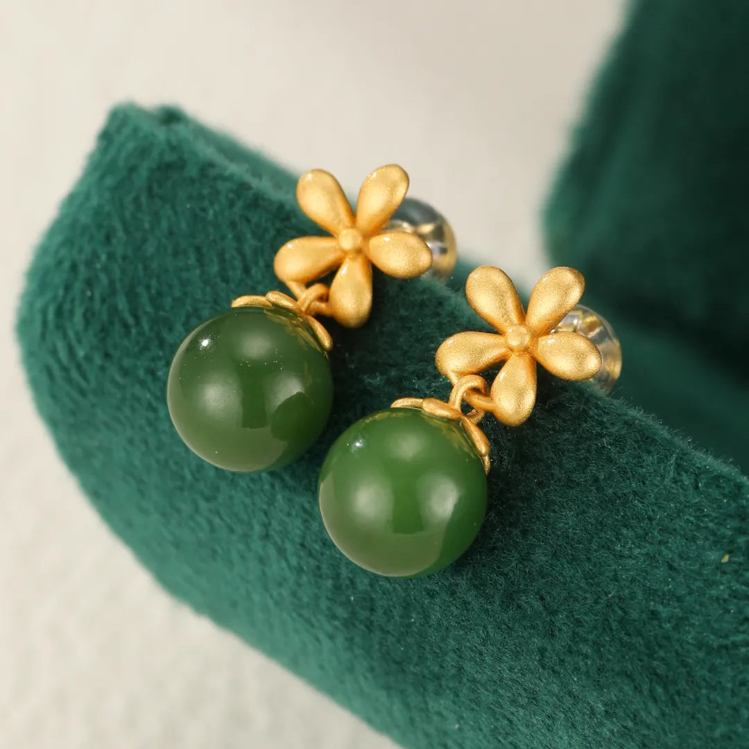 Jade Earrings “Floral Shine” Gold-Plated Silver