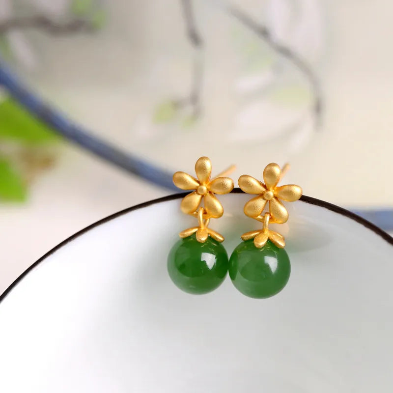 Jade Earrings “Floral Shine” Gold-Plated Silver