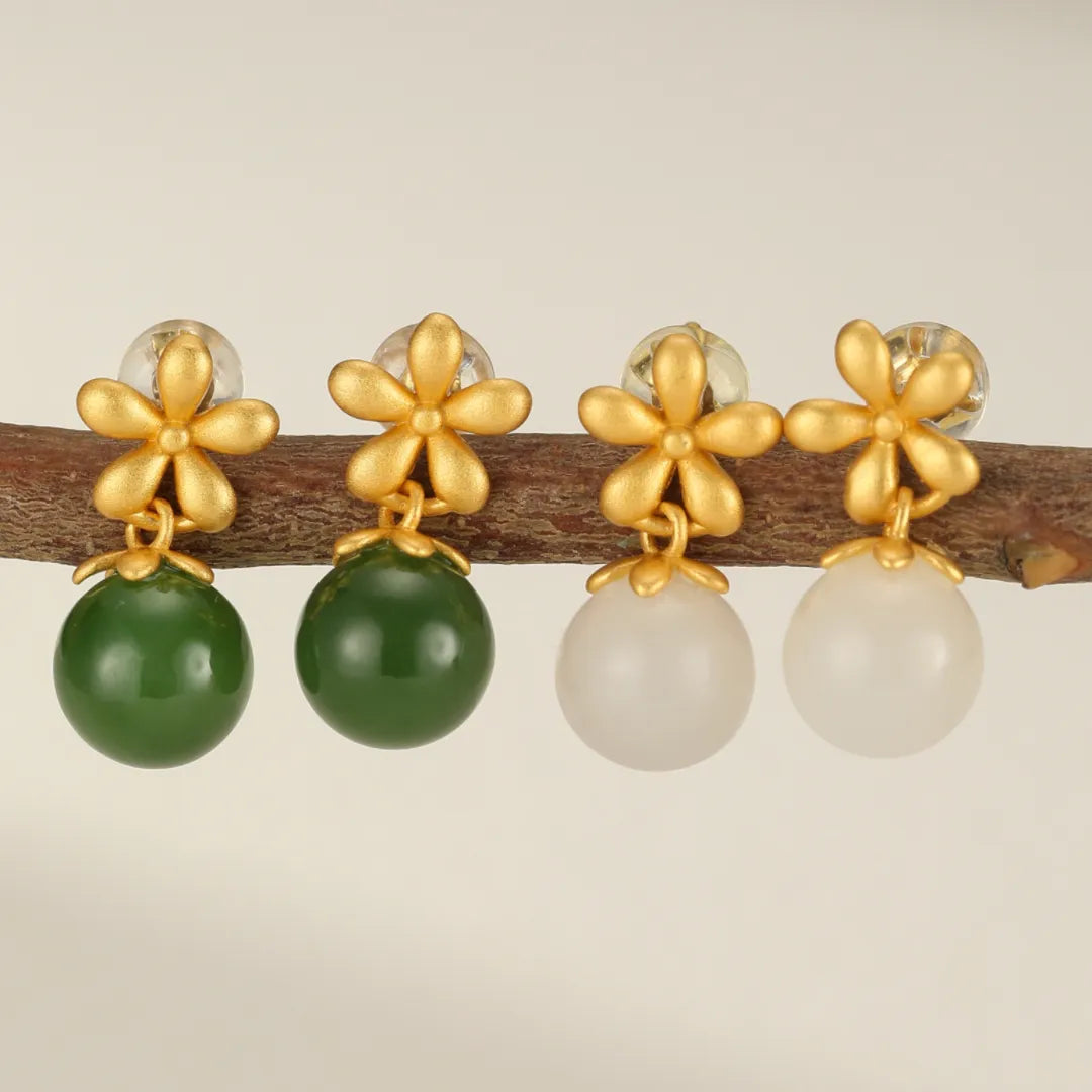 Jade Earrings “Floral Shine” Gold-Plated Silver