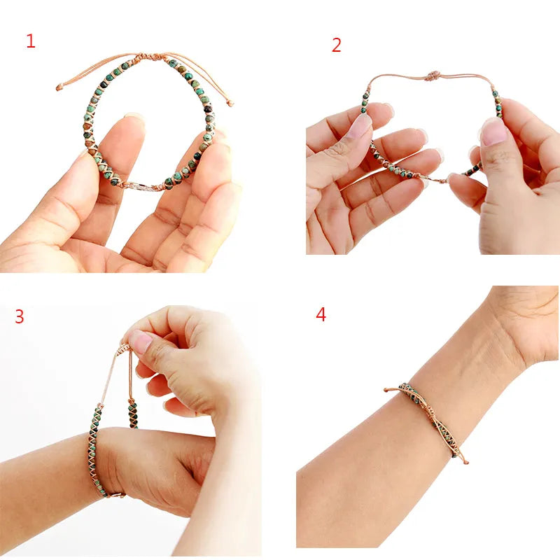 Illustrations montrant comment ajuster et porter le bracelet Arbre de Vie "Racines de Bonheur" en jaspe africain.