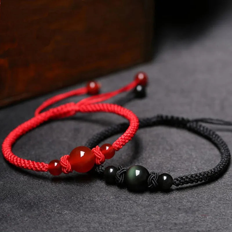 Couple Bracelet Red Thread Agate and Obsidian "Thread of Eternity"
