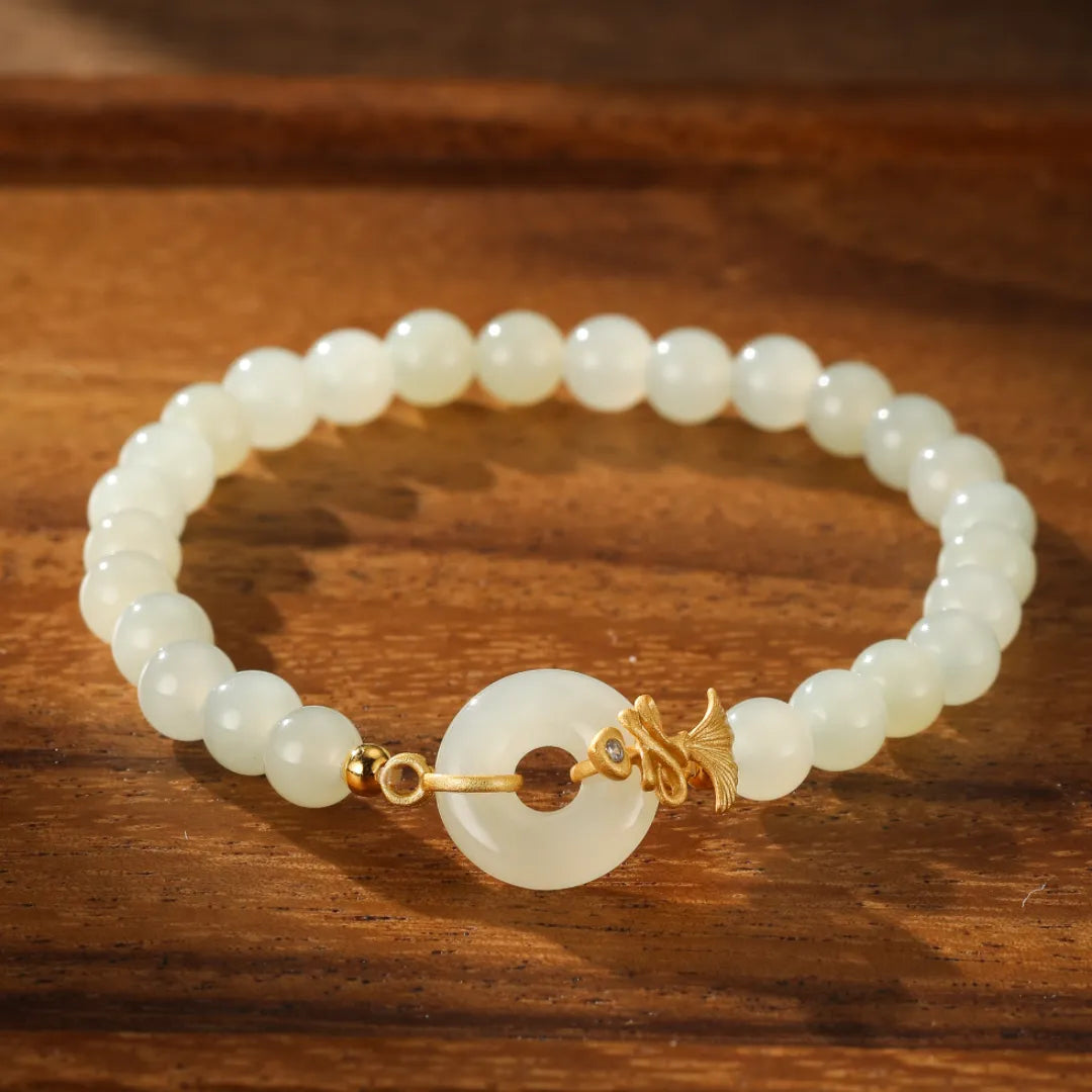 Ginkgo White Jade Bracelet "Dance of Eternity" Gold-Plated Silver