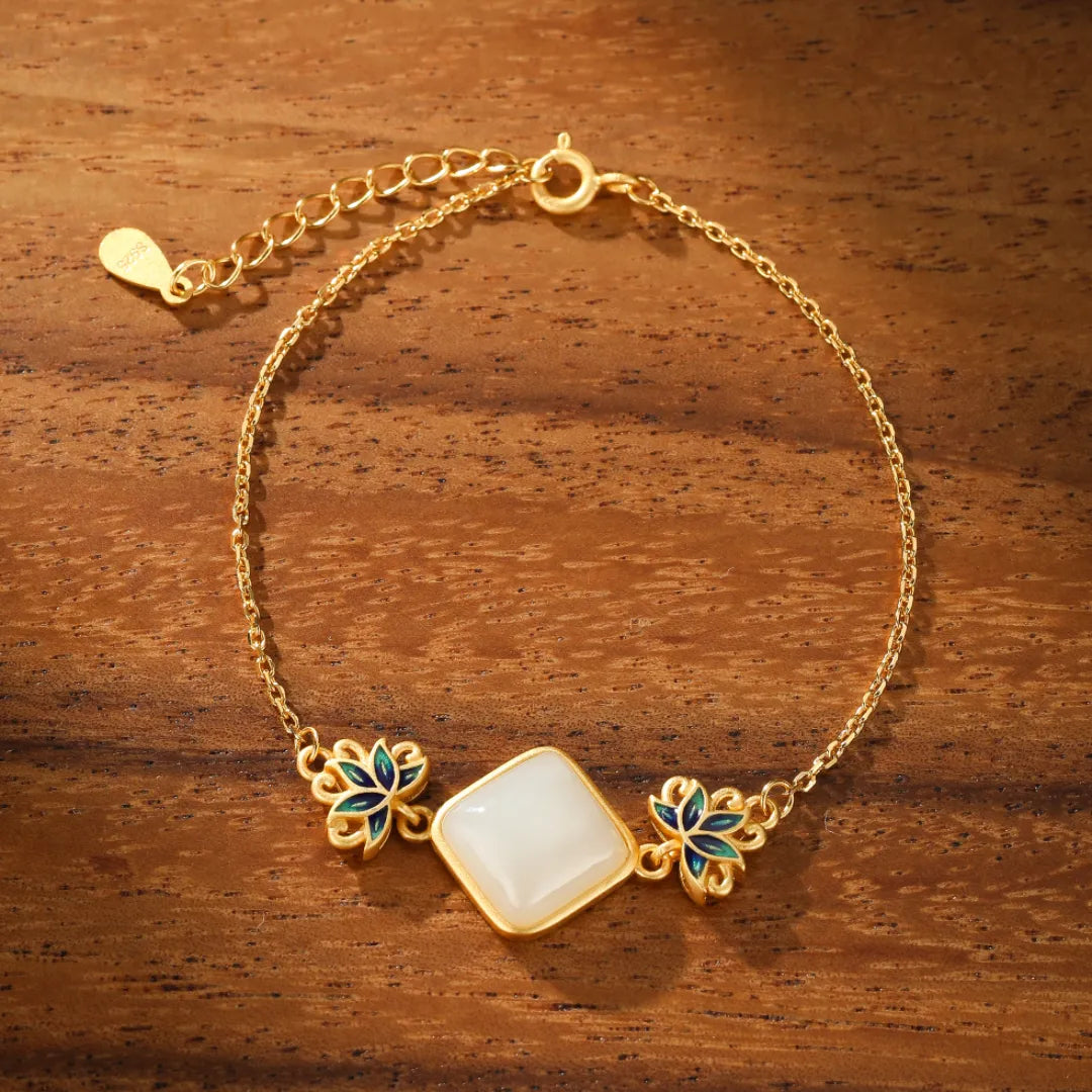White Jade Bracelet "Celestial Lotus" Gold-Plated Silver