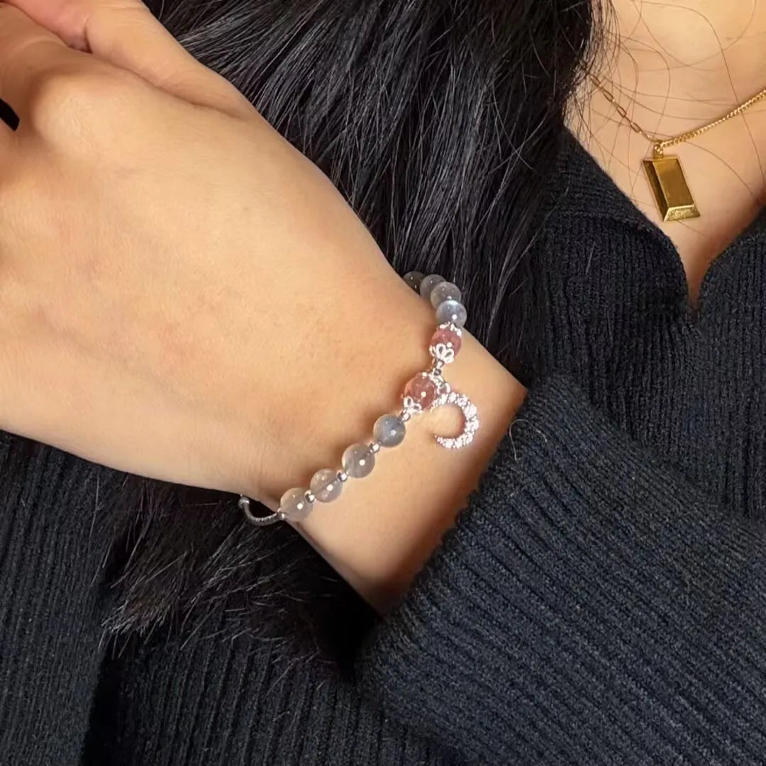 Labradorit- und Erdbeerquarz-Armband "Rosige Nacht" Silber