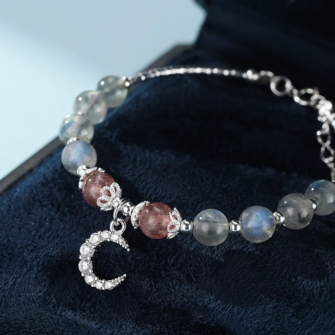 Labradorite and Strawberry Quartz Bracelet "Dewy Night" Silver
