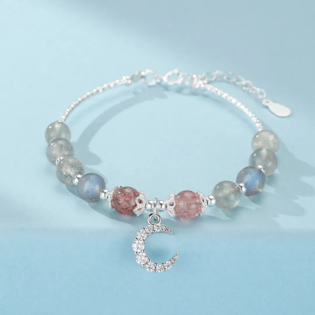 Labradorite and Strawberry Quartz Bracelet "Dewy Night" Silver