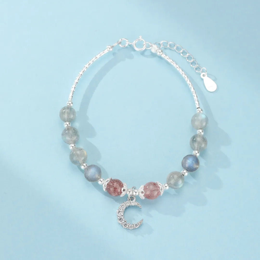 Labradorite and Strawberry Quartz Bracelet "Dewy Night" Silver