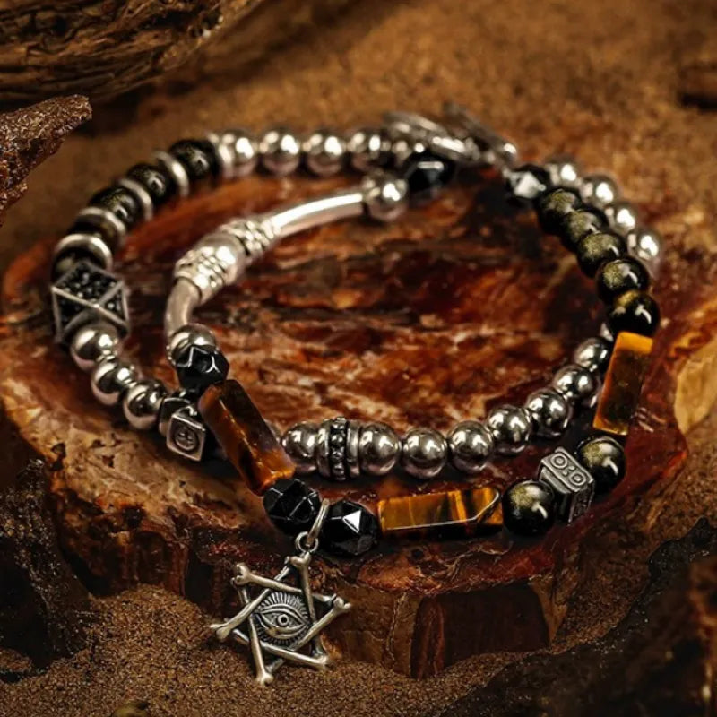 Obsidian and Tiger Eye "Courage and Protection" Silver Bracelet