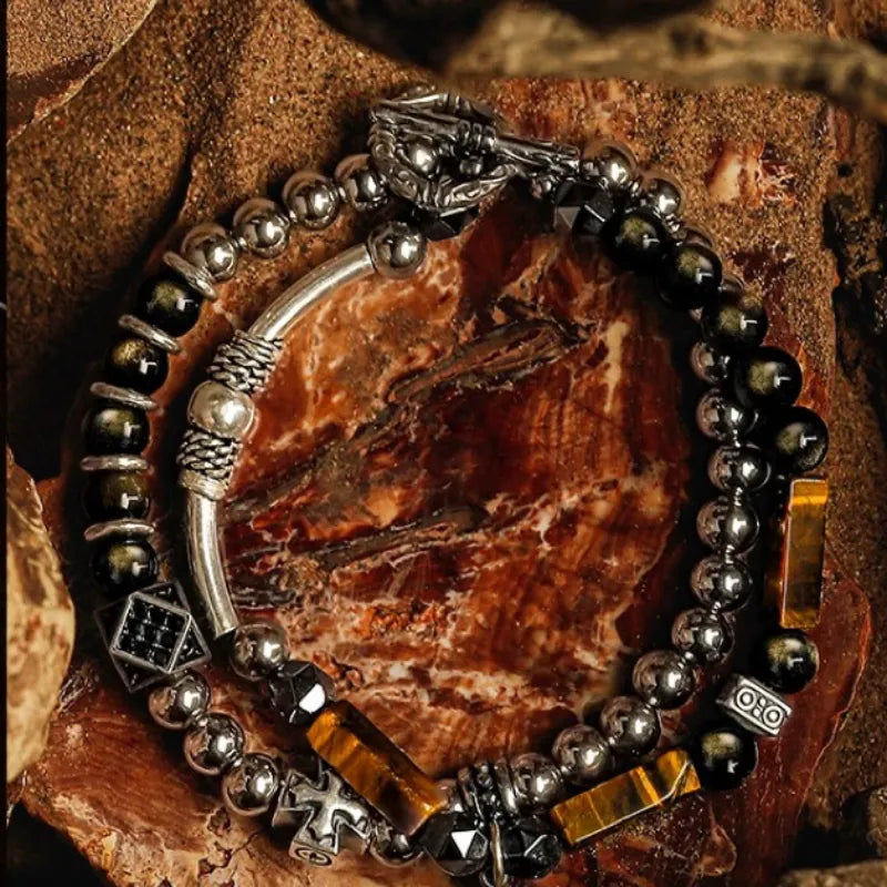 Obsidian and Tiger Eye "Courage and Protection" Silver Bracelet