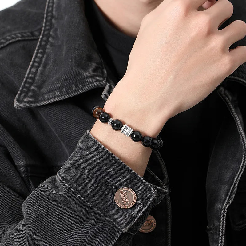 Obsidian and Tiger Eye Bracelet "Dark Harmony" Silver