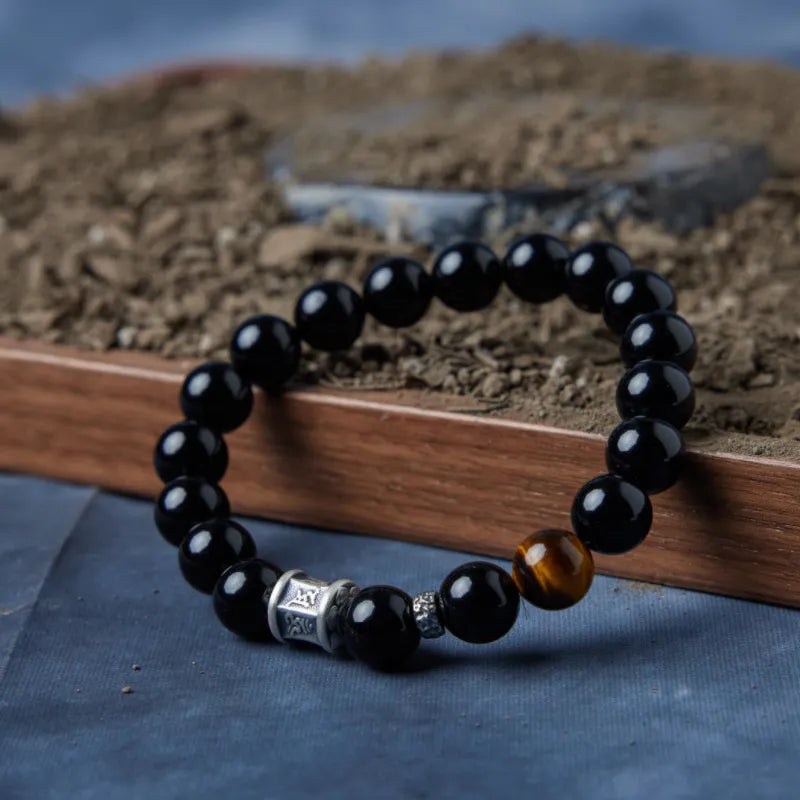 Obsidian and Tiger Eye Bracelet "Dark Harmony" Silver