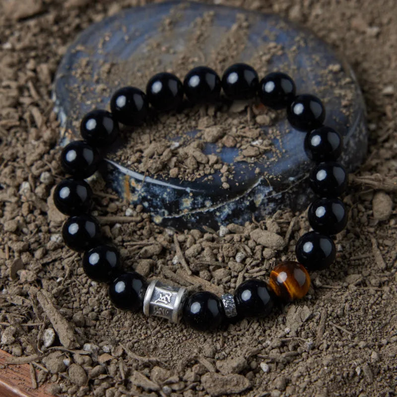 Obsidian and Tiger Eye Bracelet "Dark Harmony" Silver