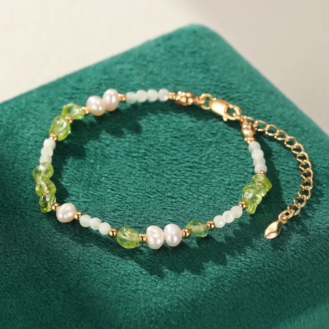 Peridotarmband, Perle und Muschel "Sonnige Eleganz" Goldplattiert Silber
