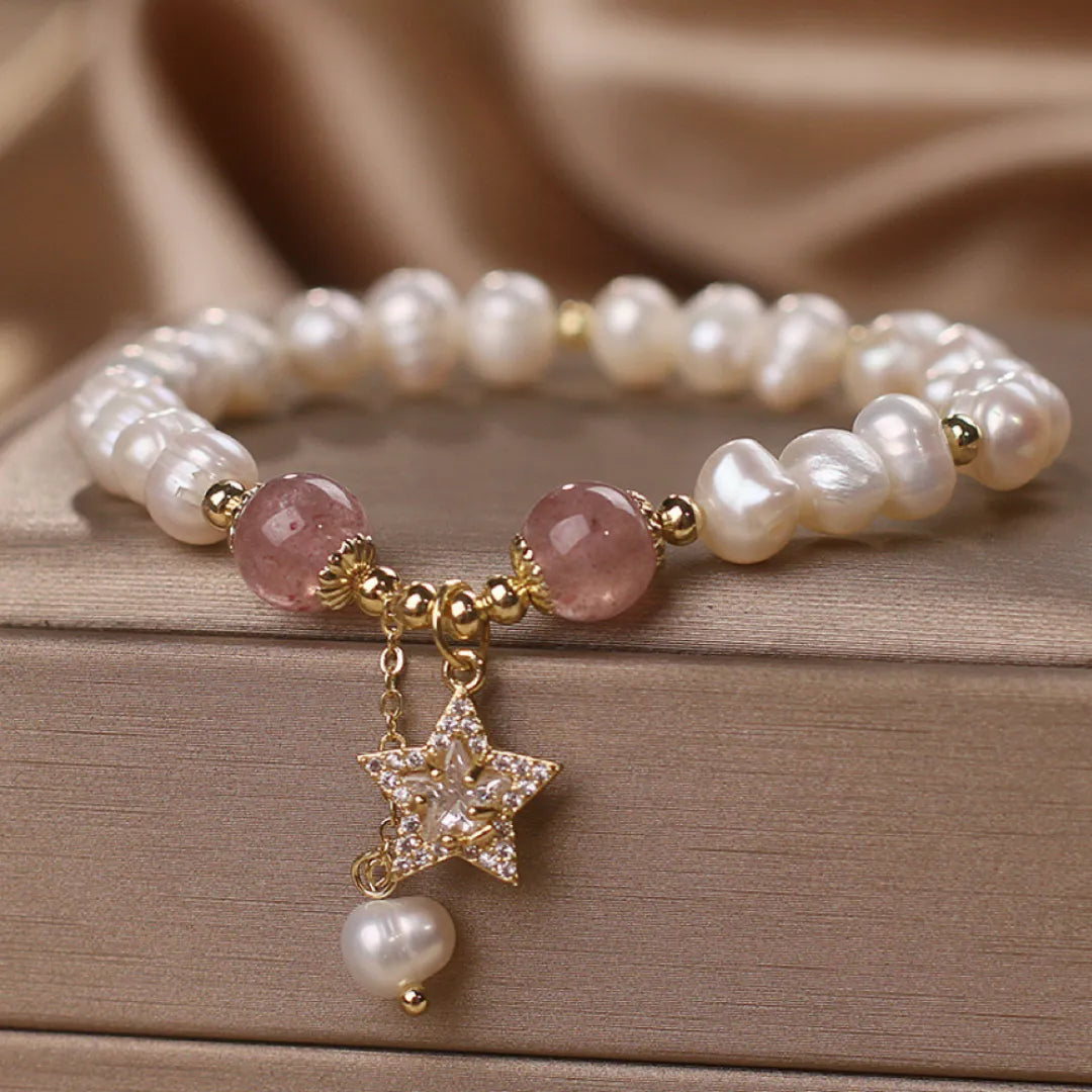 Pearl and Strawberry Quartz Bracelet "Star Charm"
