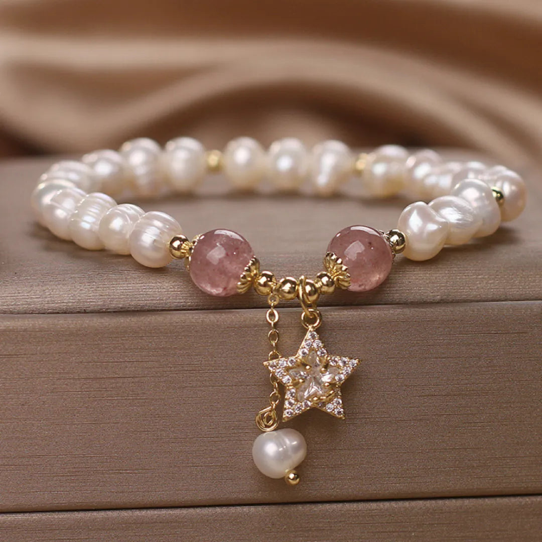 Bracelet Perles et Quartz Fraise "Charme Étoile"