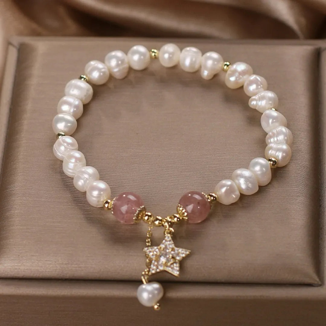 Bracelet Perles et Quartz Fraise "Charme Étoile"