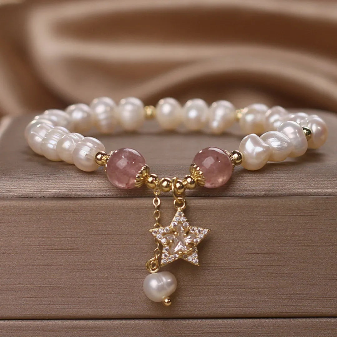 Pearl and Strawberry Quartz Bracelet "Star Charm"