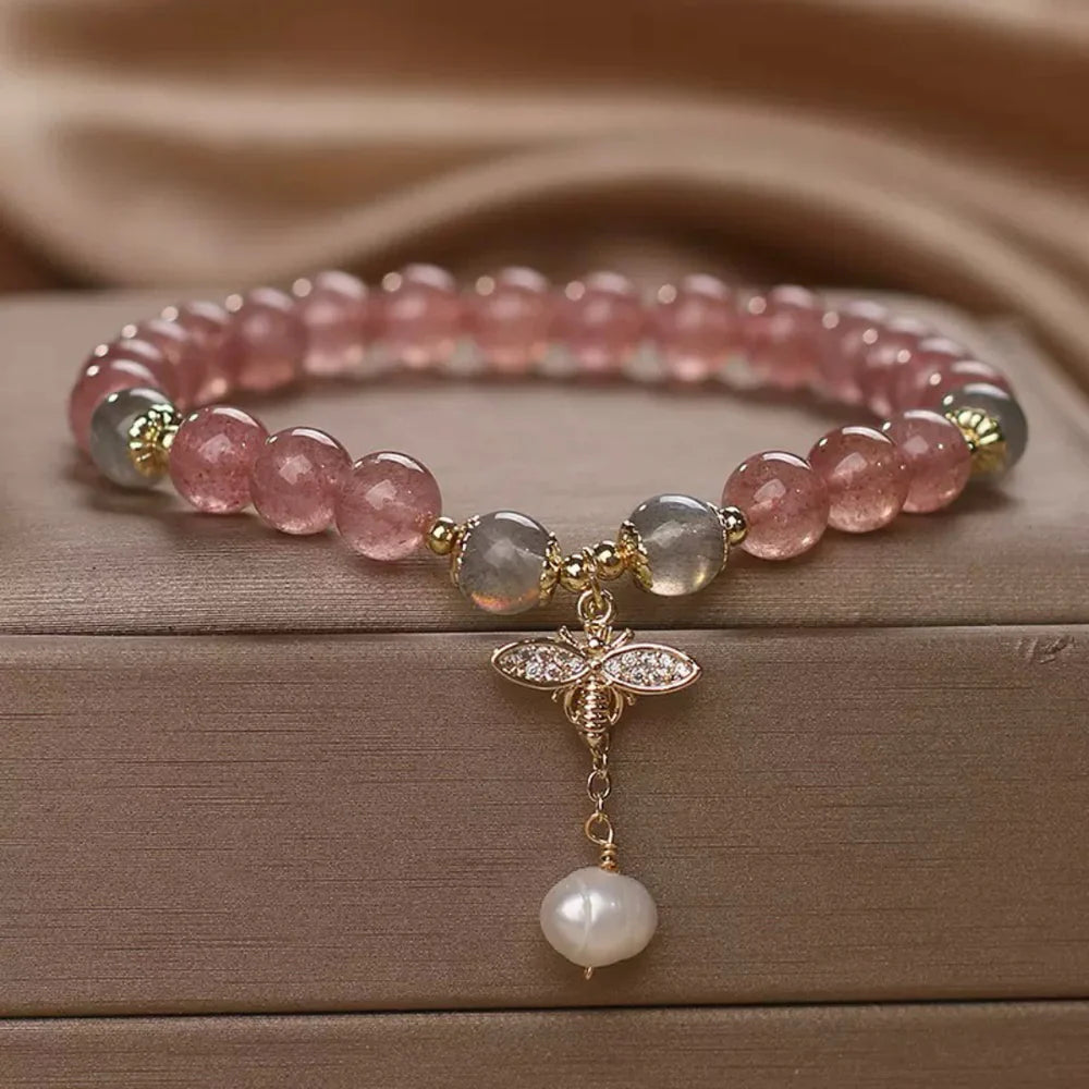 Bracelet Quartz Fraise et Labradorite "Douceur Abeille"