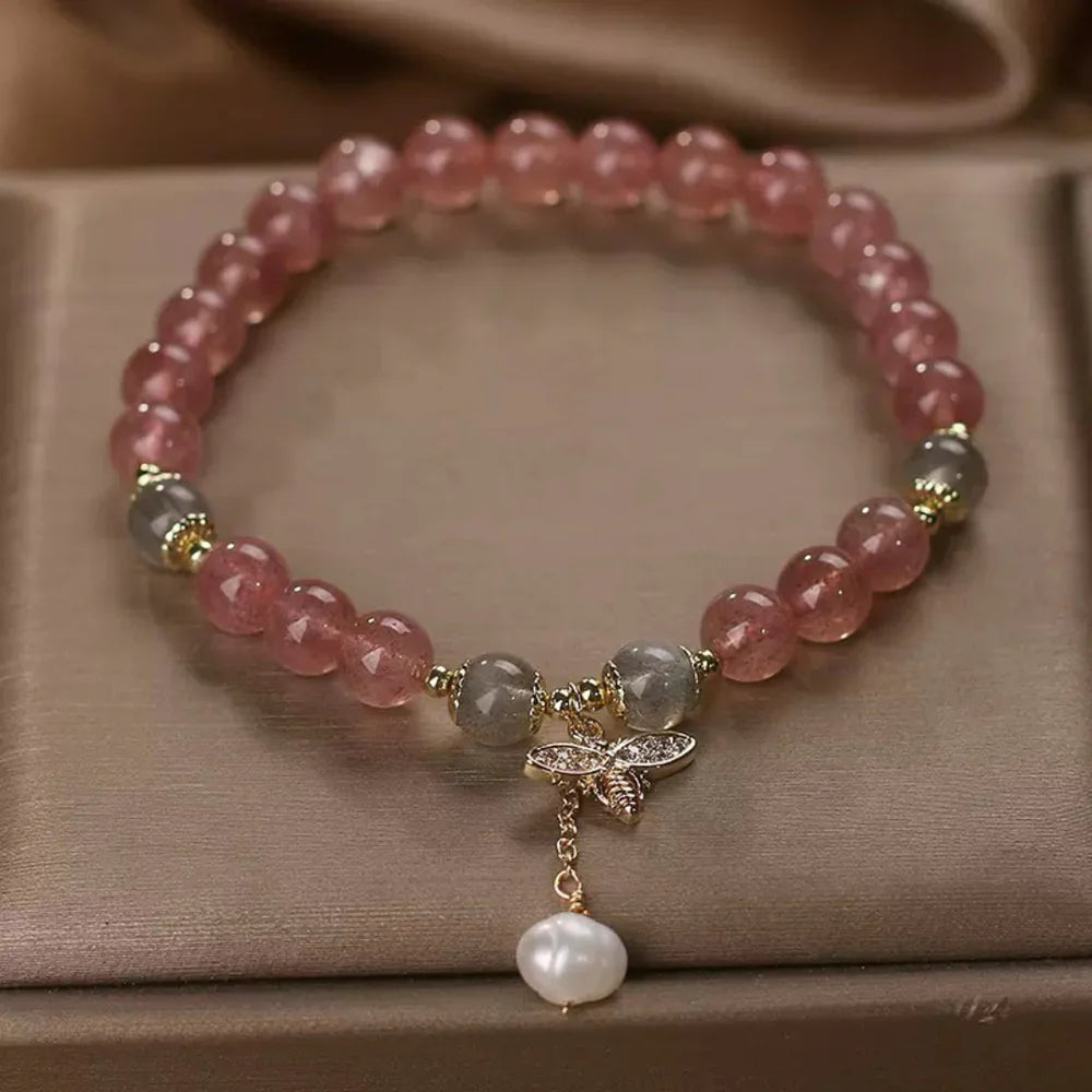 Bracelet Quartz Fraise et Labradorite "Douceur Abeille"