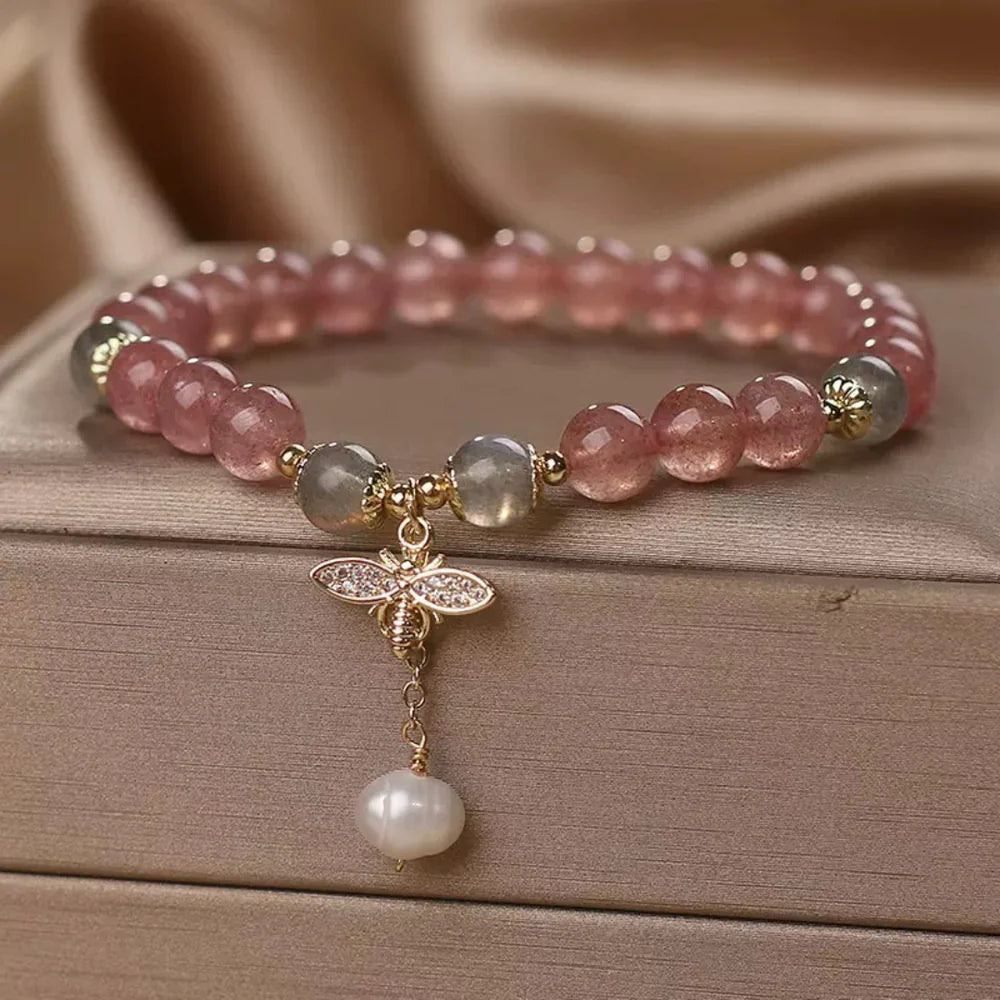 Bracelet Quartz Fraise et Labradorite "Douceur Abeille"