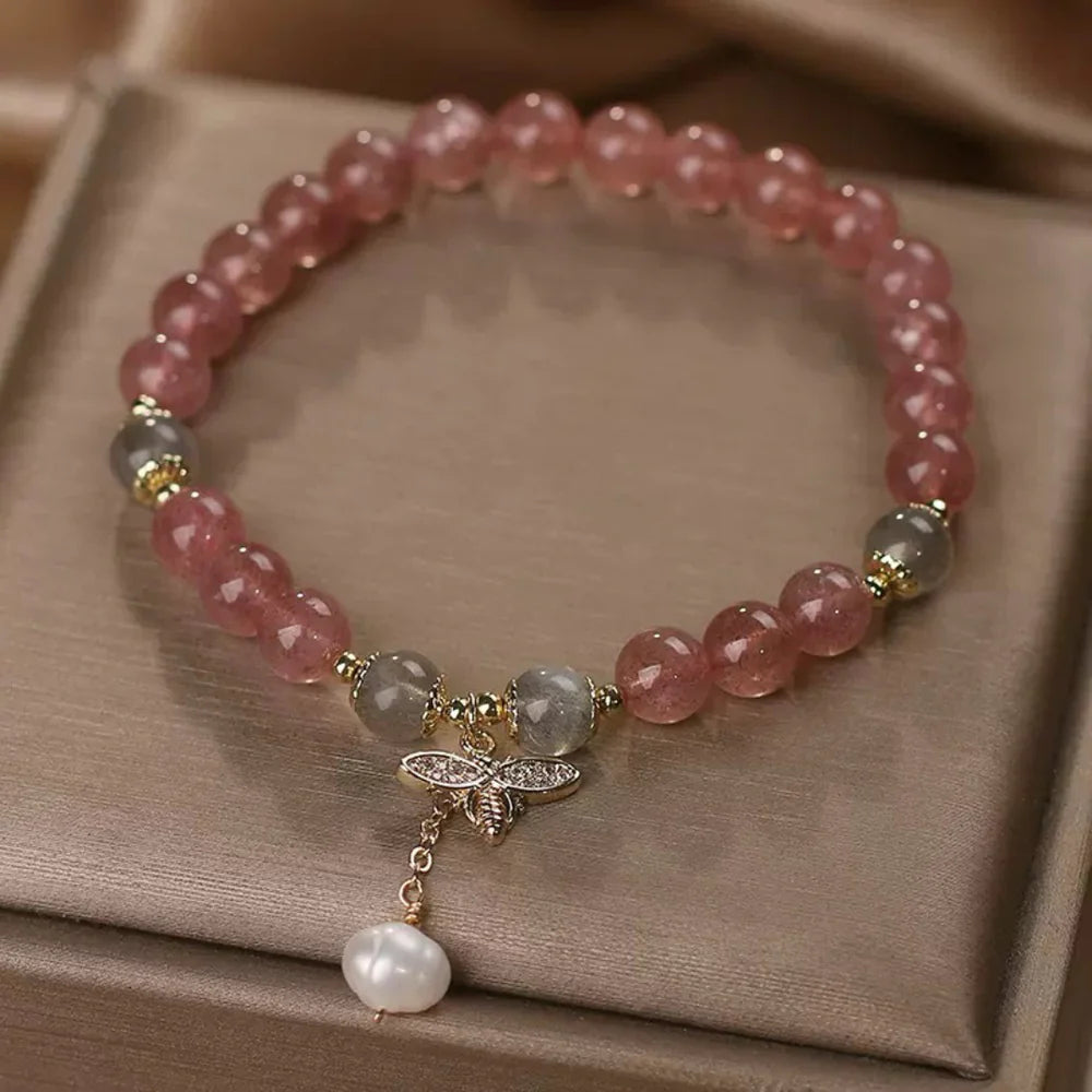 Bracelet Quartz Fraise et Labradorite "Douceur Abeille"