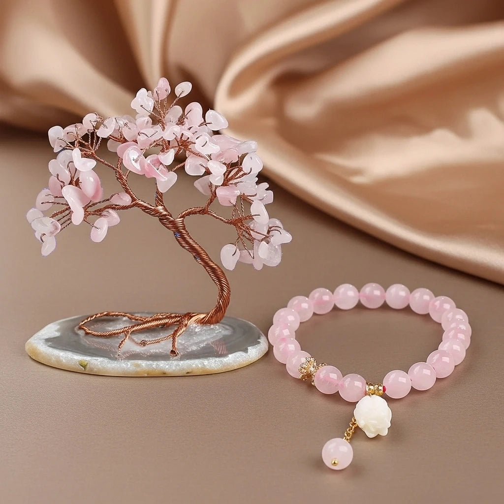 Amor - Cofre de Regalo en Cuarzo Rosa, Árbol de la Vida y Pulsera