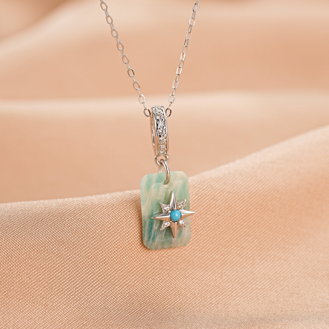Halskette Amazonit und Türkis “Sternenstrahl” Silber plattiert mit Platin