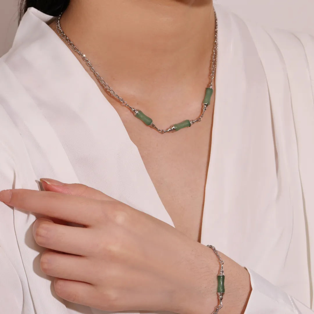 Aventurin Bambus Halskette "Grün Harmonie" Silber