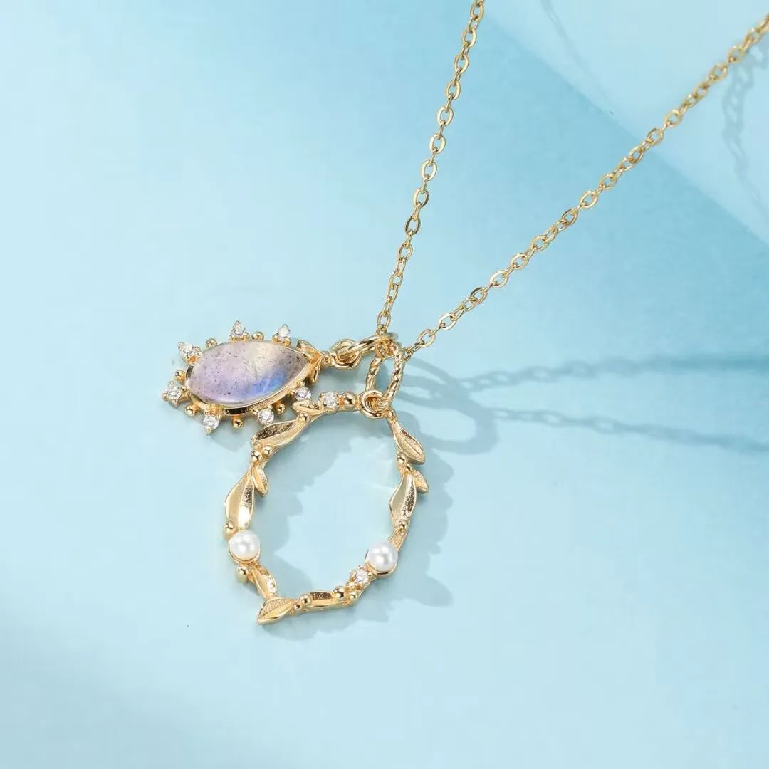 Labradorite and Pearl Necklace "Celestial Essence" Gold-Plated Silver
