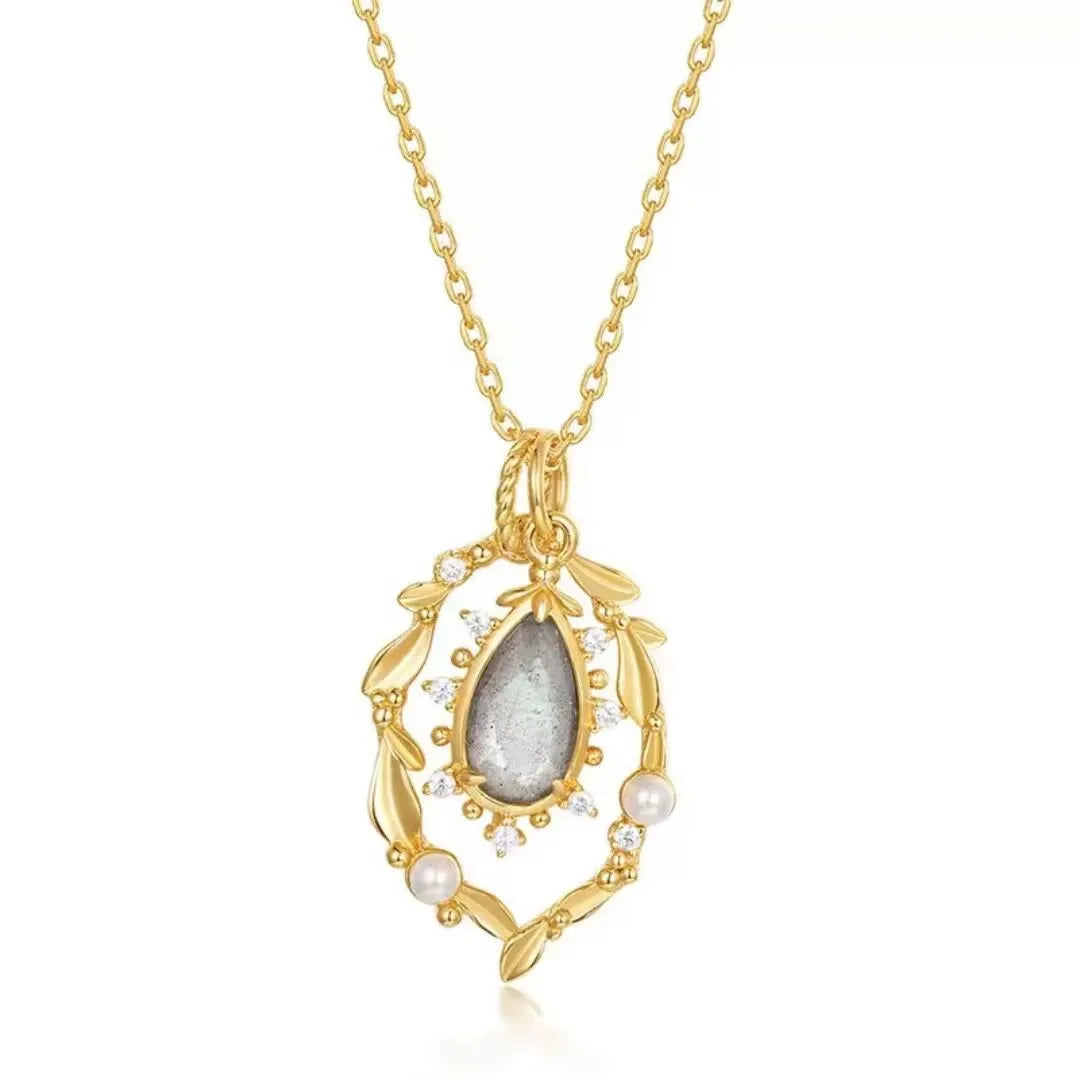 Labradorite and Pearl Necklace "Celestial Essence" Gold-Plated Silver