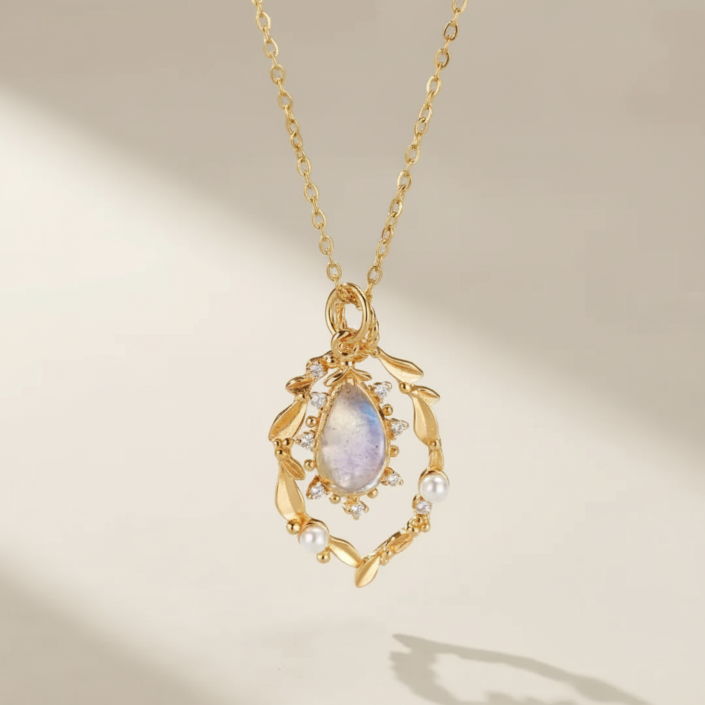 Labradorite and Pearl Necklace "Celestial Essence" Gold-Plated Silver