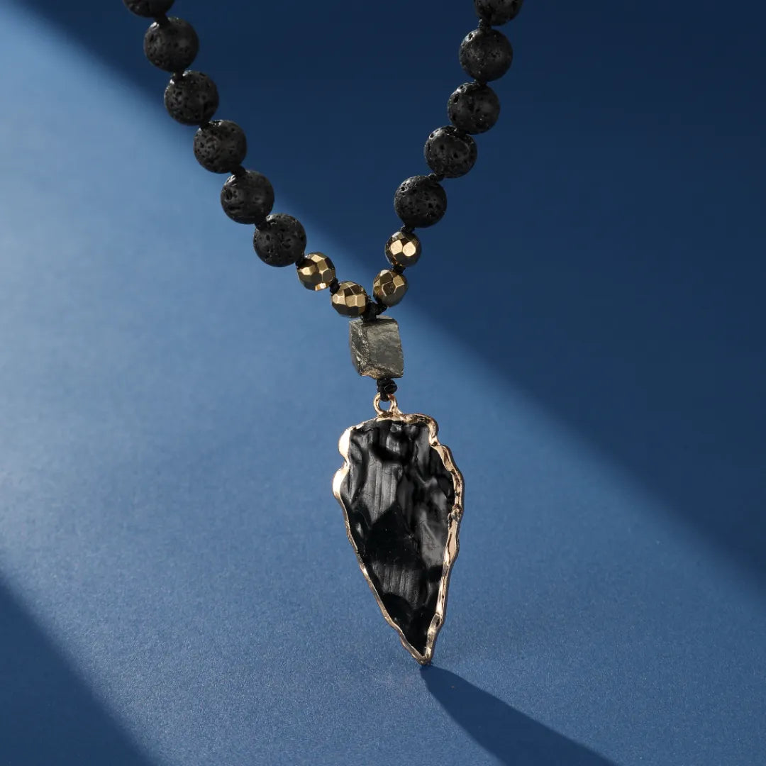 Obsidian and Lava Stone Necklace "Black Volcano"