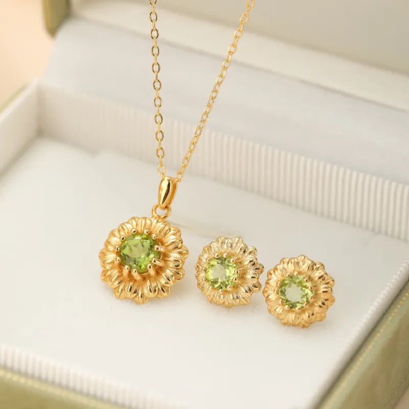 Peridot Earrings "Radiant Flower" Gold-Plated Silver