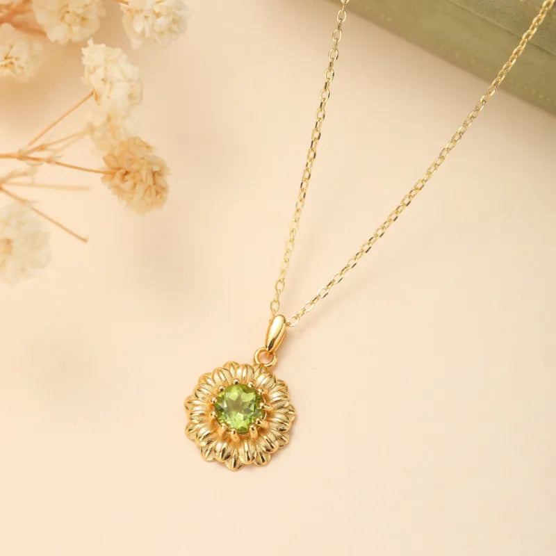 Peridot-Halskette "Strahlende Blume" Gold-Silber