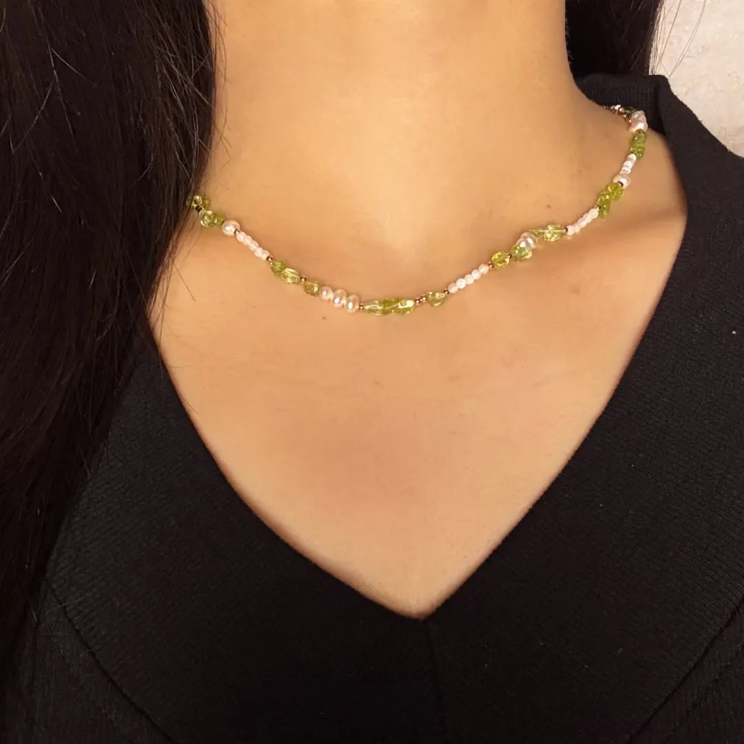 Peridot-Halskette, Perle und Muschel "Sonnen-Eleganz" vergoldet Silber