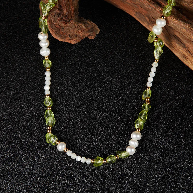 Peridot Necklace, Pearl and Mother-of-Pearl "Solar Elegance" Gold-Plated Silver