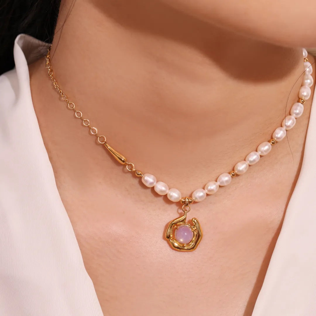 Halskette Süßwasserperle und Opal "Marine Tanz" Gold