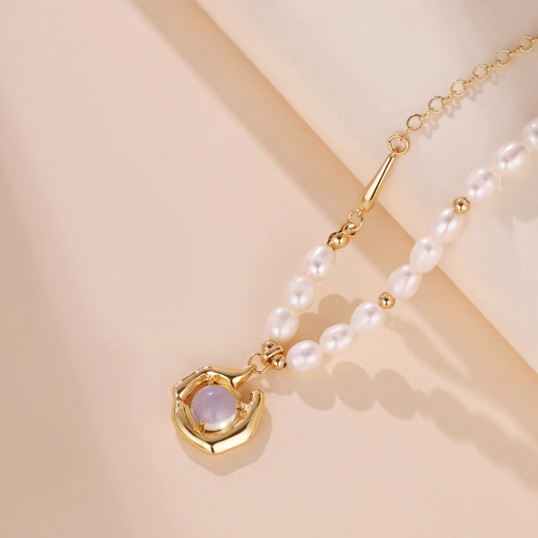 Freshwater Pearl and Opal Necklace "Marine Dance" Gold
