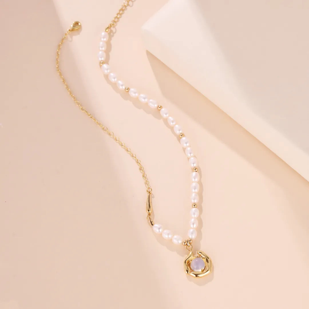 Freshwater Pearl and Opal Necklace "Marine Dance" Gold