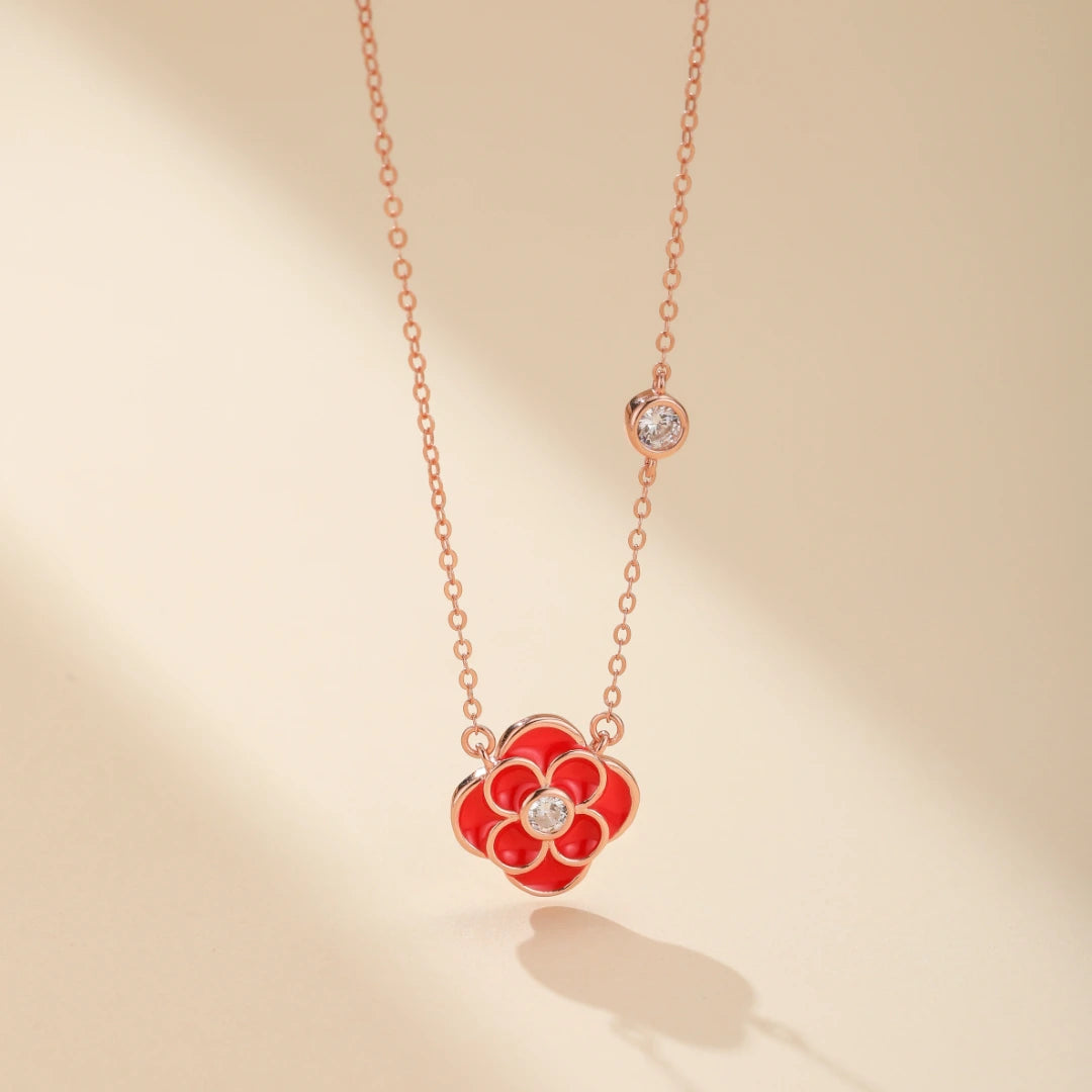 "Ruby Floral" Clover Necklace Silver