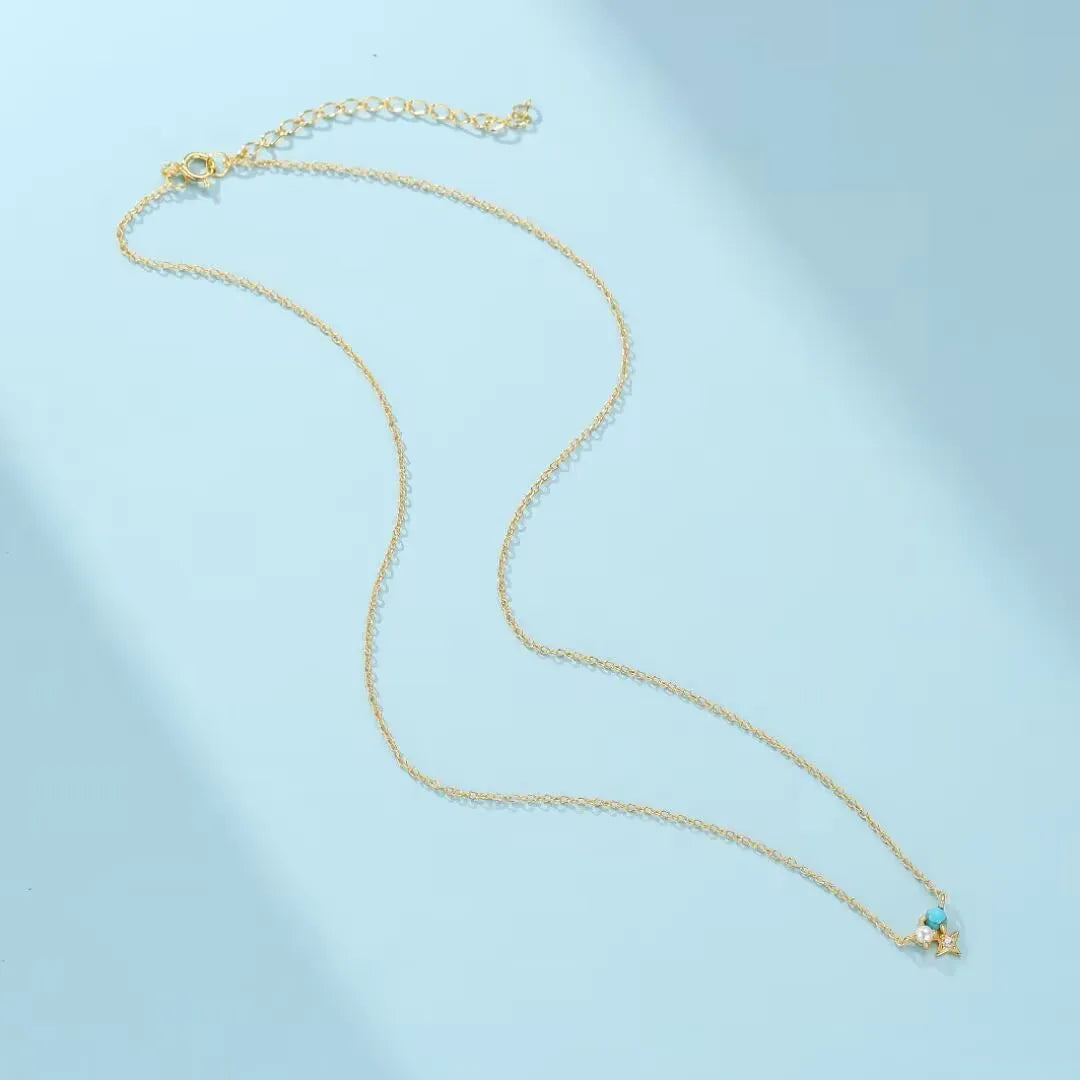 Halskette Türkis und Perle "Stellarische Weisheit" Vergoldet Silber