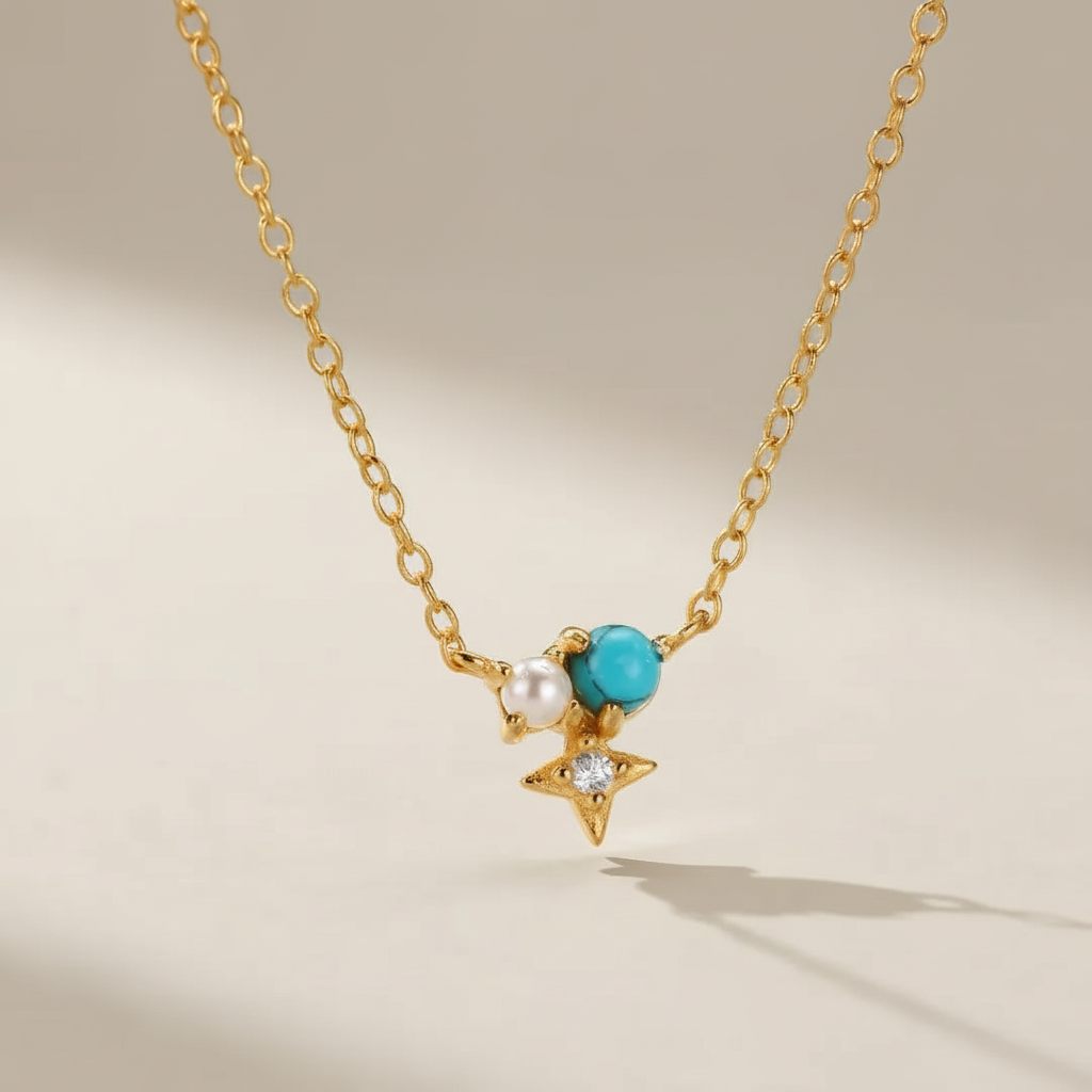 Turquoise and Pearl Necklace "Stellar Wisdom" Gold-Plated Silver