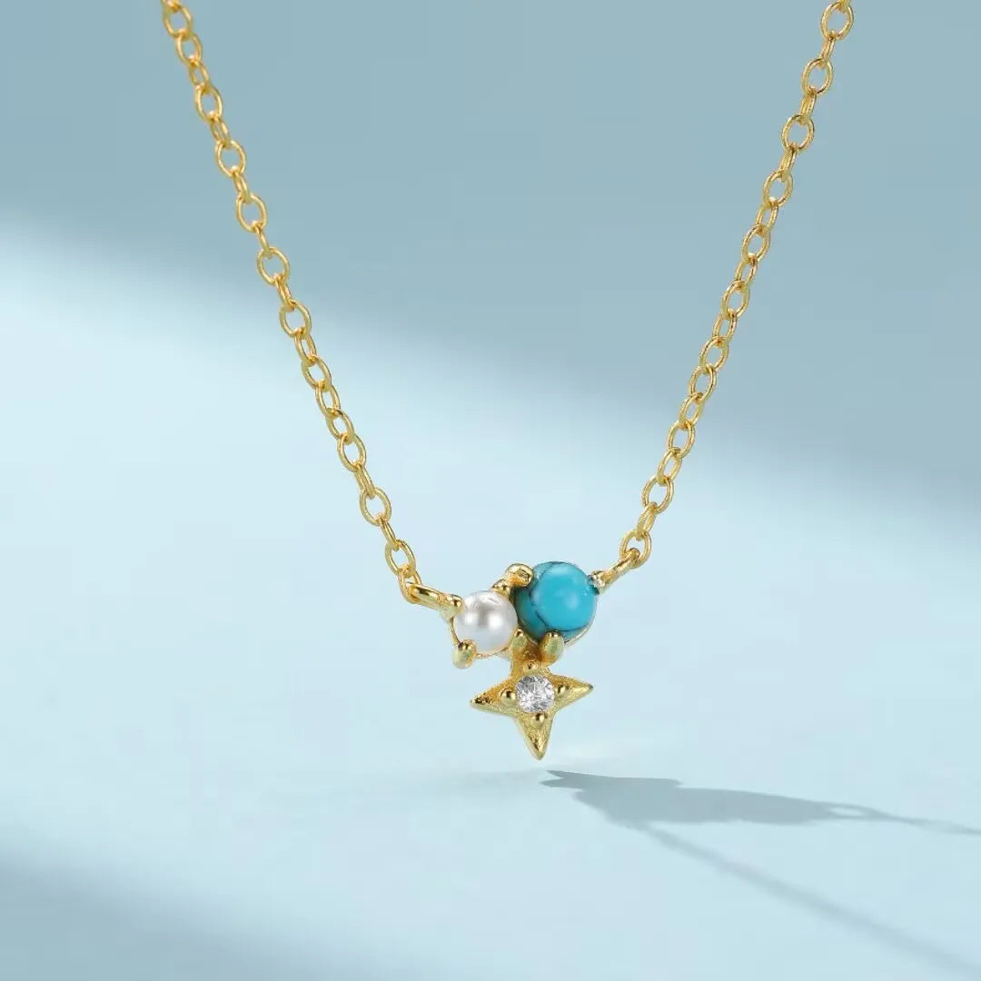 Halskette Türkis und Perle "Stellarische Weisheit" Vergoldet Silber