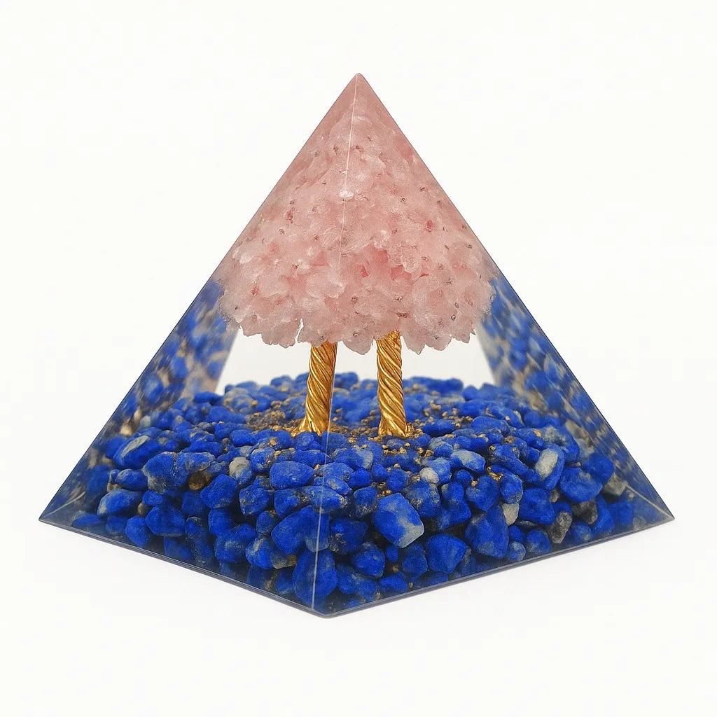 Spirituelles Wachstum - Orgonit-Pyramide Lebensbaum aus Rosenquarz und Lapislazuli