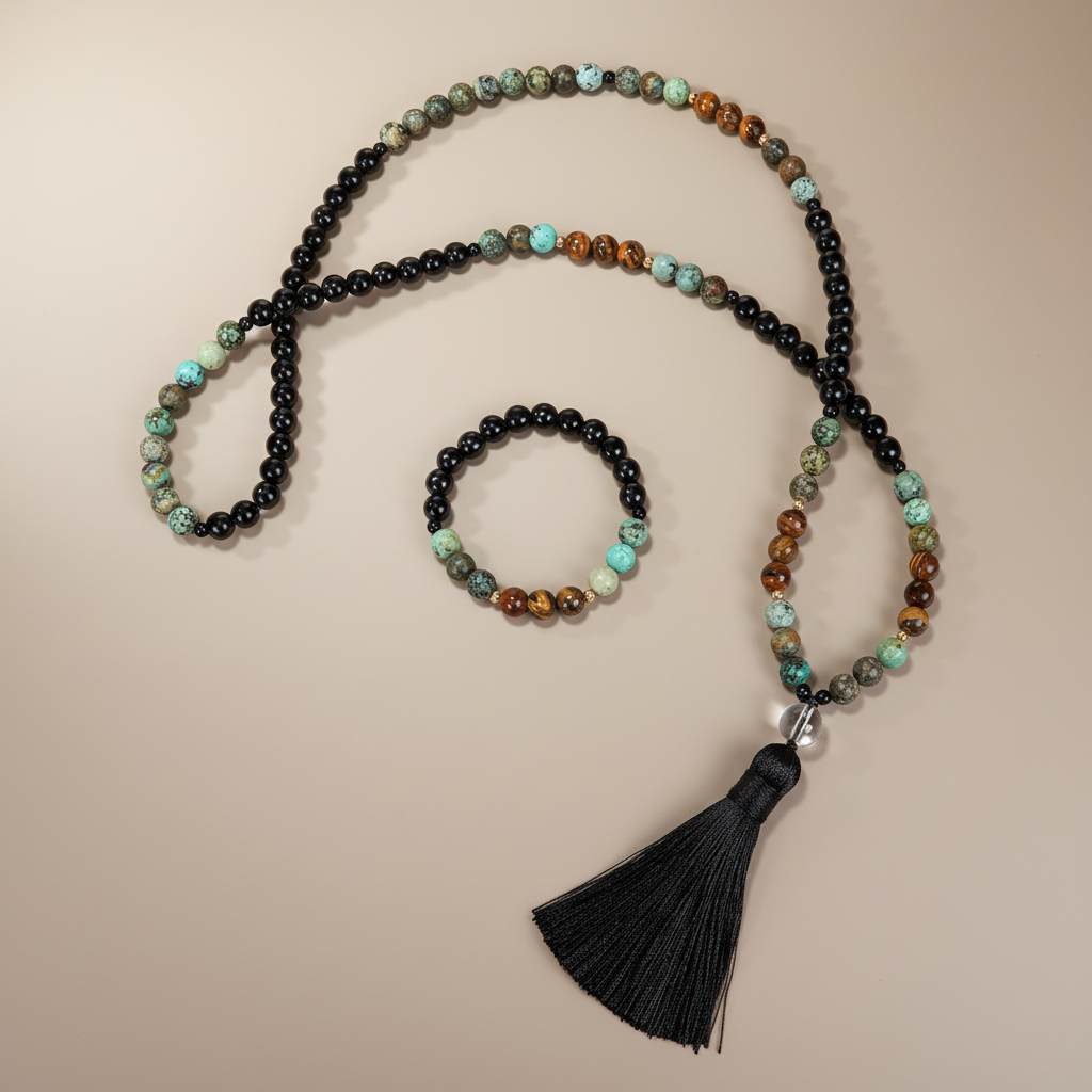 Mala Bracelet and Tiger Eye Necklace Set 