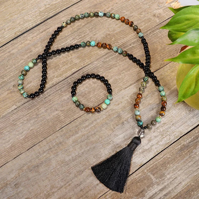 Mala Bracelet and Tiger Eye Necklace Set "Protection Amulet"